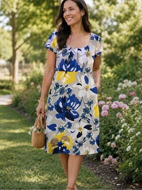 Boden White Dress with Blue and Yellow Floral Mod  Print 6